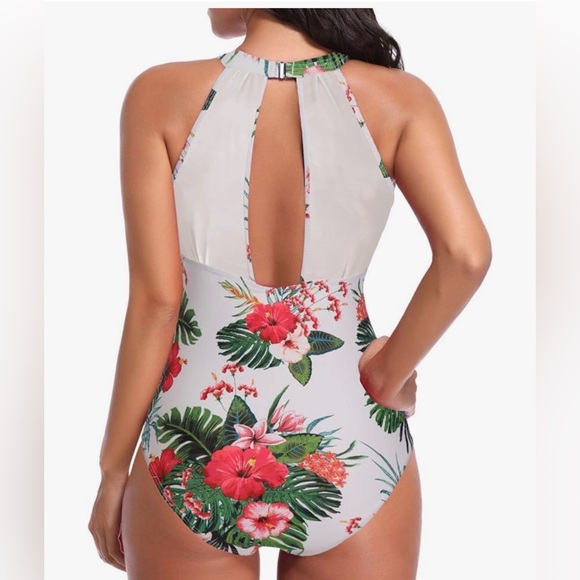 Tempt Me Floral High-Neck One-Piece Swimsuit - White/Red Size Medium - Picture 2 of 13